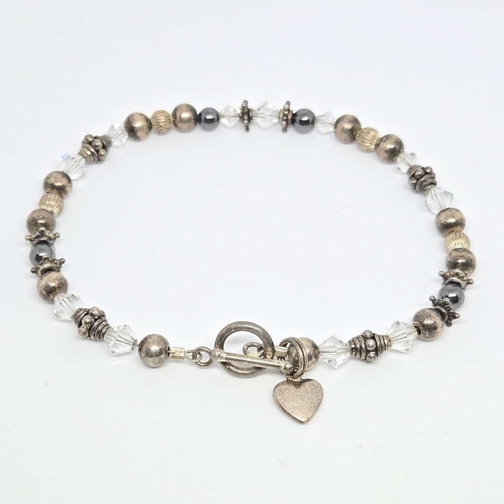 925 Sterling Silver Crystal Hematite Beaded Toggle Bracelet Heart Charm